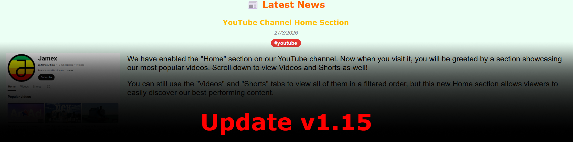 Promotional image for the Jamex Website update v1.15